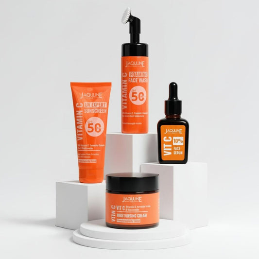 JAQULINE USA Vitamin C Radiance Essentials skin care kit | Vitamin C Face Wash, Face Serum, Moisturiser, UV Expert Sunscreen 