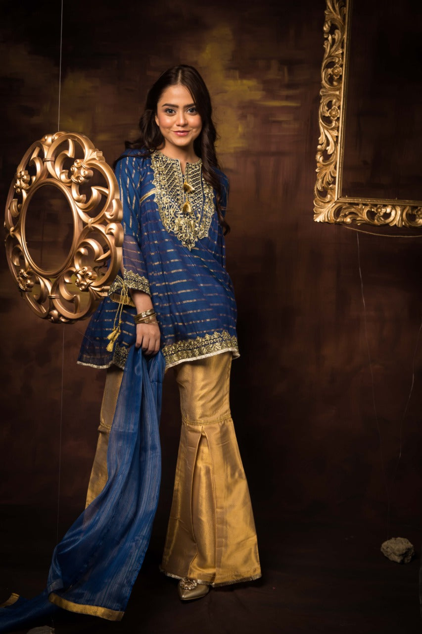 Komal's GDD-01414 | Blue | Formal 3 Piece Suit | Banarsi Khaddi Net