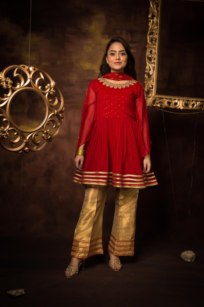 Komal's GDD-01334 | Red | Formal 3 Piece Suit | Polyester Chiffon