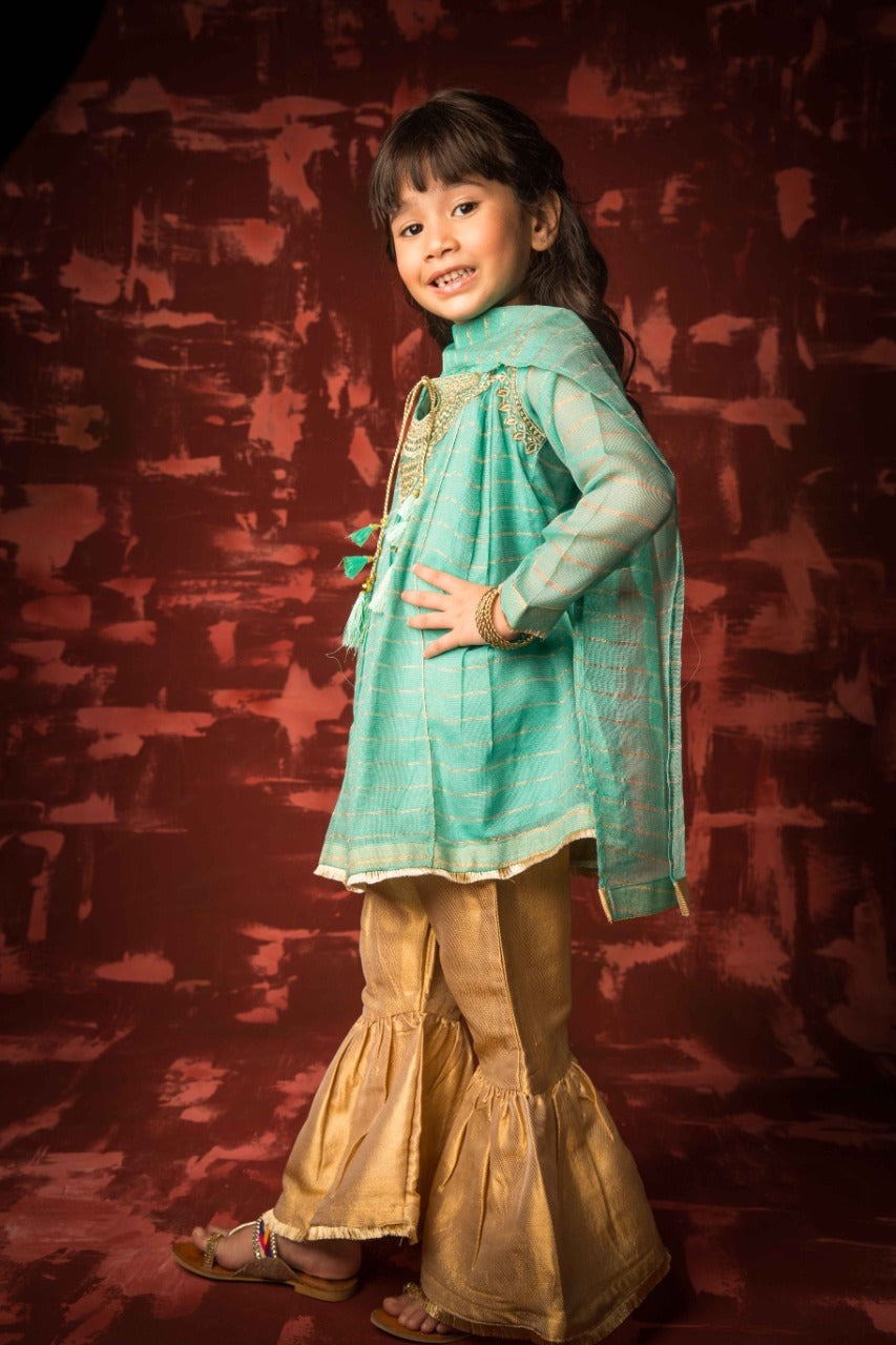 Komal's KDD-01416 | Sea Green & Gold | Formal 3 Piece Suit | Banarsi Khaddi Net