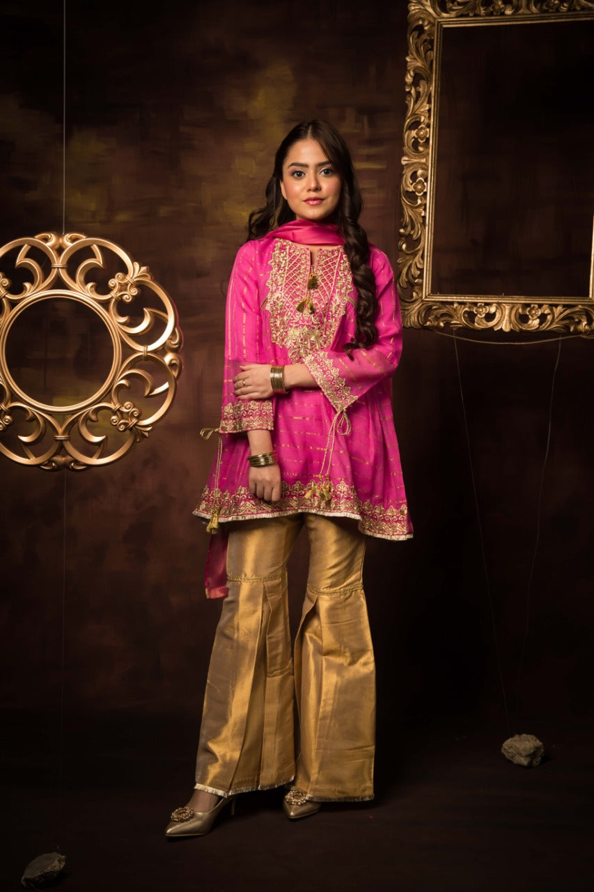 Komal's GDD-01413 | Shocking Pink | Formal 3 Piece Suit | Banarsi Khaddi Net