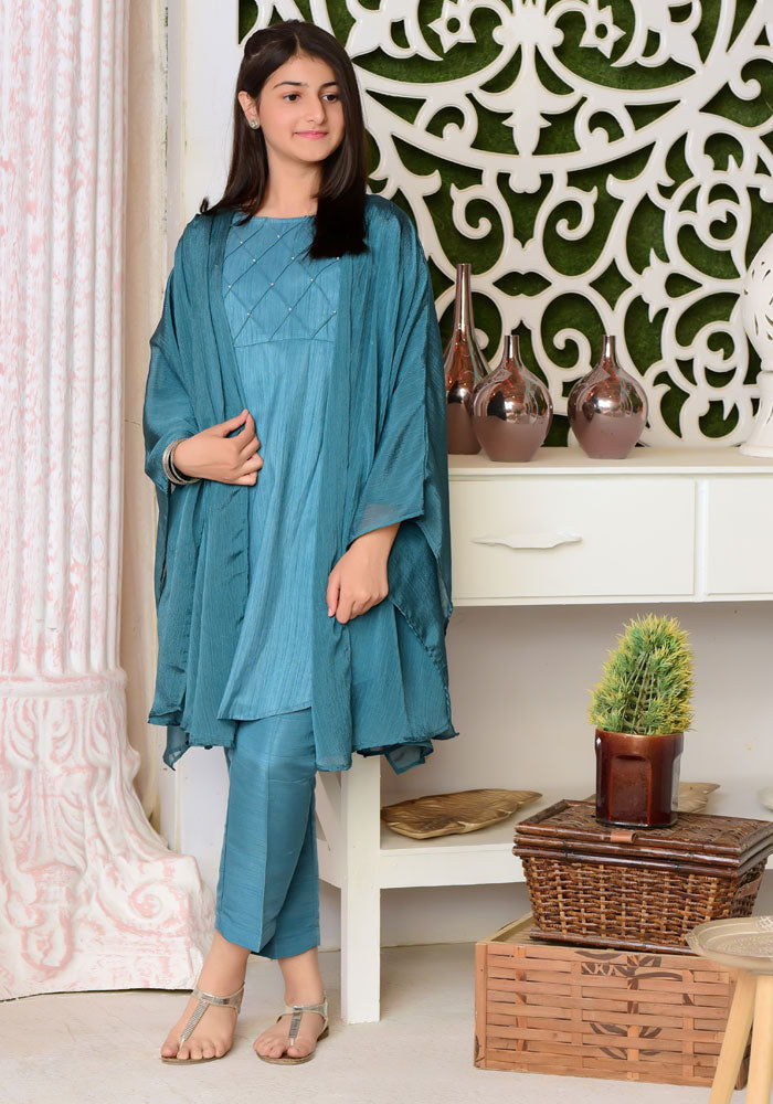Komal's Teal Blue Chiffon Top with Trouser - 3PC Suit