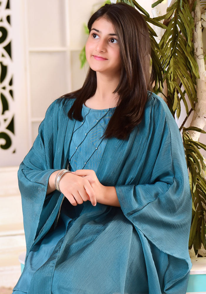 Komal's Teal Blue Chiffon Top with Trouser - 3PC Suit
