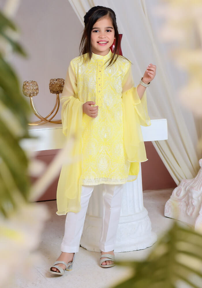 Komal's OFW 229 - Lemon Yellow Chiffon with Embroidery - 3PC Suit