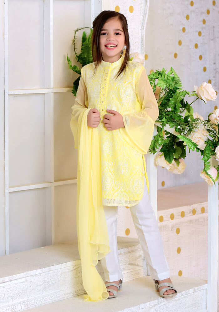Komal's OFW 229 - Lemon Yellow Chiffon with Embroidery - 3PC Suit