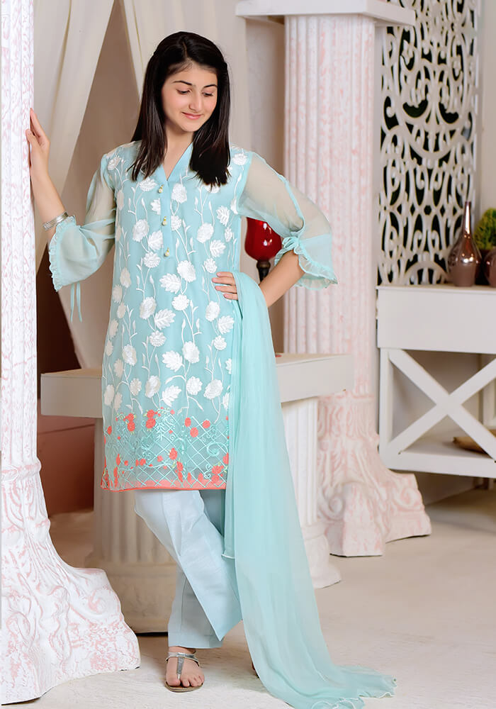 Komal's OFW 230 - Mint Chiffon Fully Embroidered - 3PC Suit