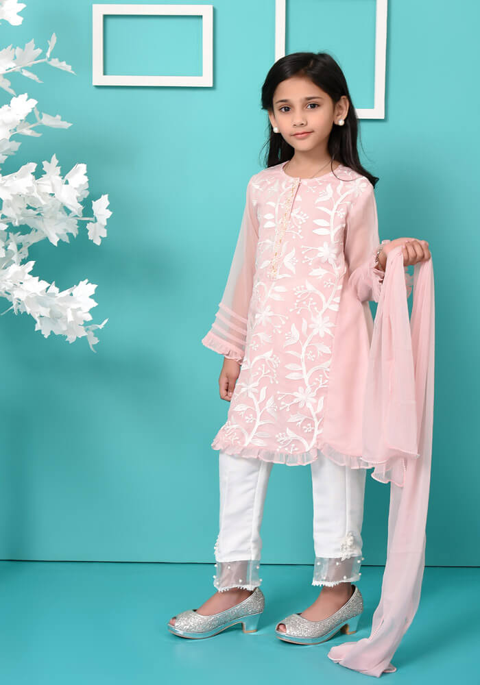 Komal's Tea Pink Chiffon Top with Embroidery - 3PC Suit
