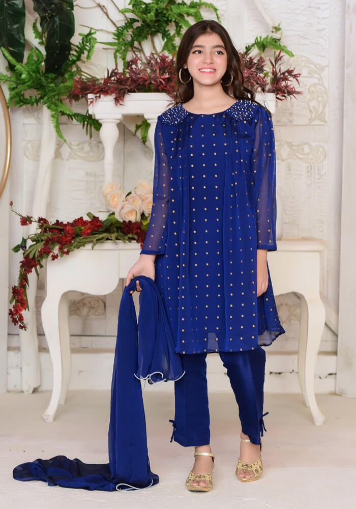 Komal's Royal Blue Chiffon With Hand Adda Work