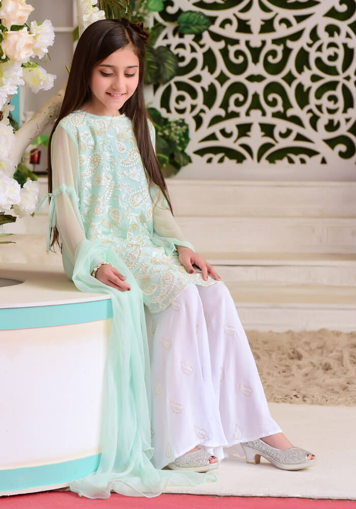 Komal's Mint Chiffon Fully Embroidered with Lining Inside - 3PC Suit
