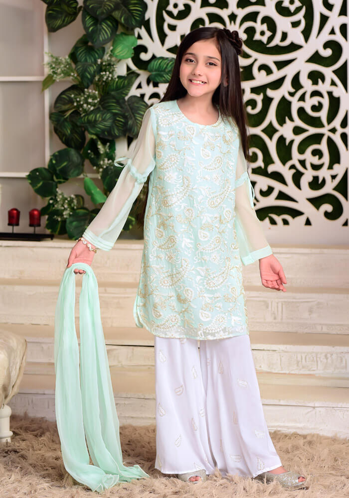 Komal's Mint Chiffon Fully Embroidered with Lining Inside - 3PC Suit